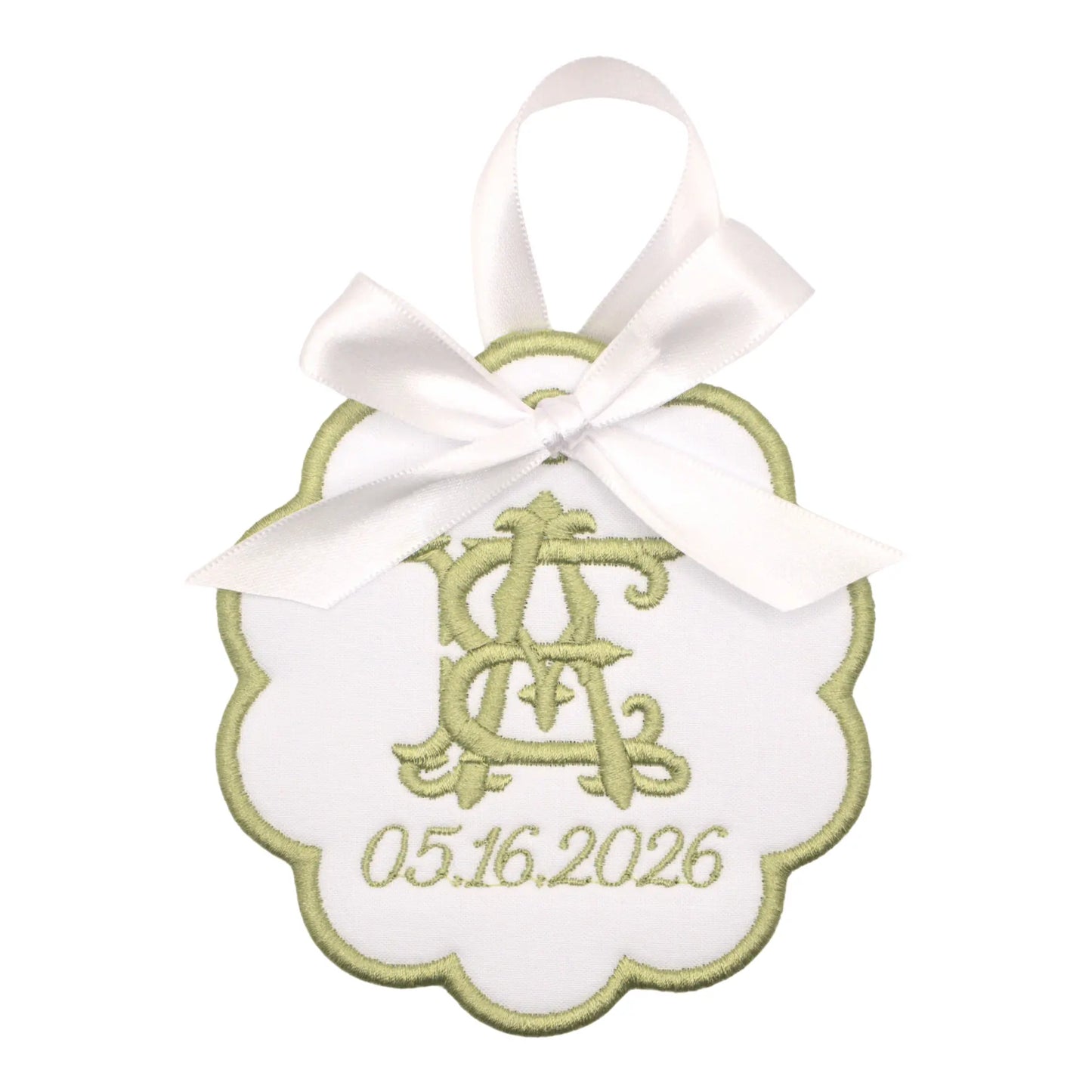 Personalized two letter monogram ornament with embroidered motif, custom name or monogram, and year