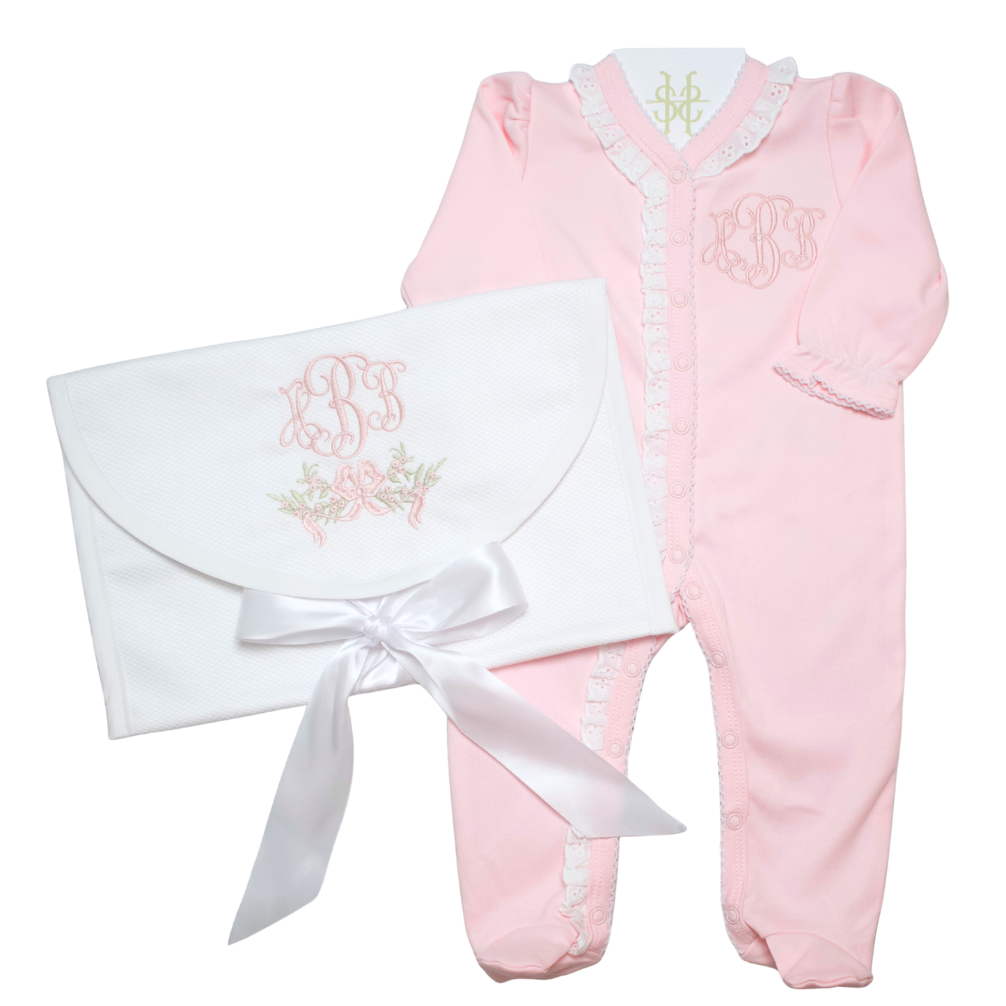 LACE TRIM FOOTIE AND KEEPSAKE BAG BUNDLE