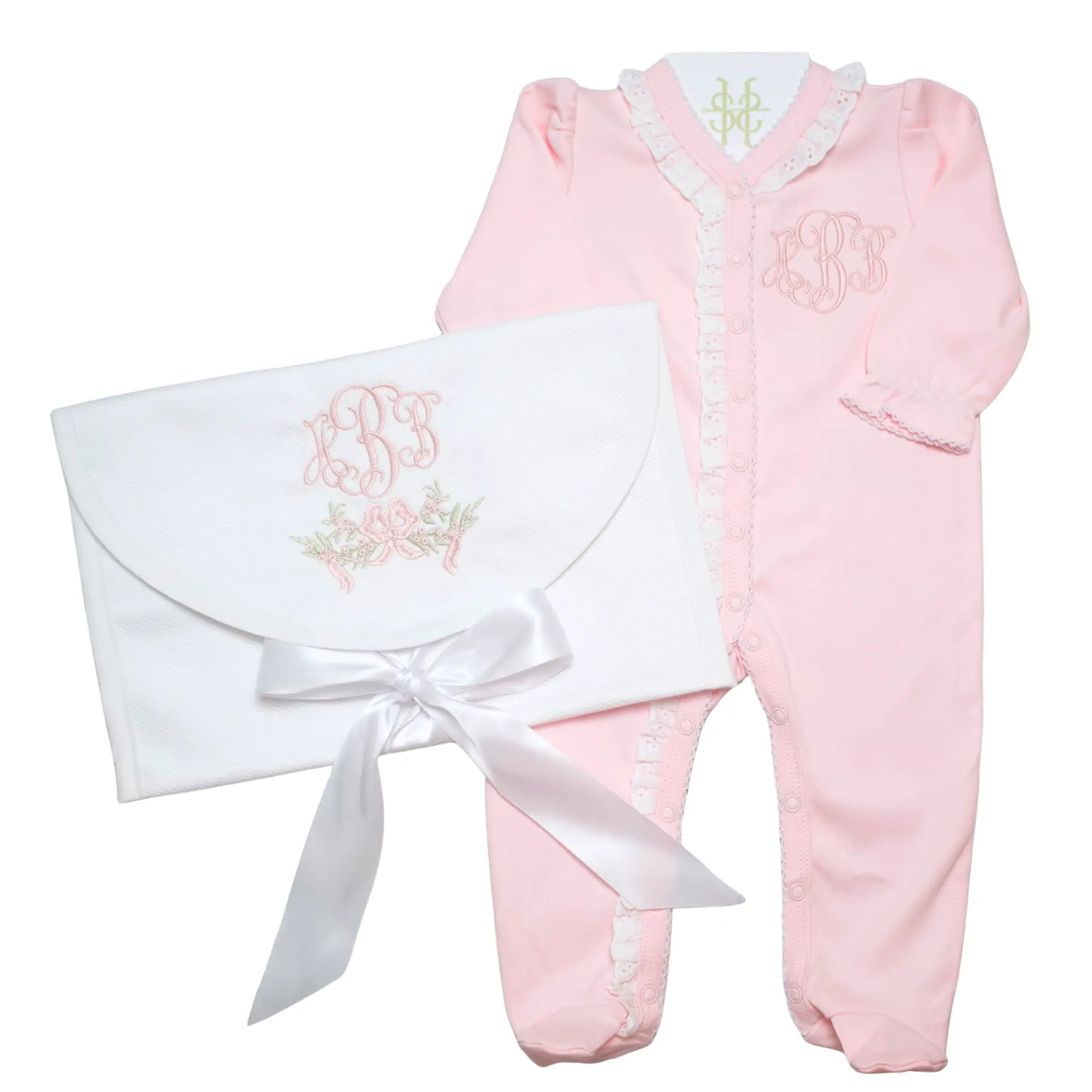 Personalized lace trim footie and keepsake bag bundle with custom embroidery for a newborn outfit