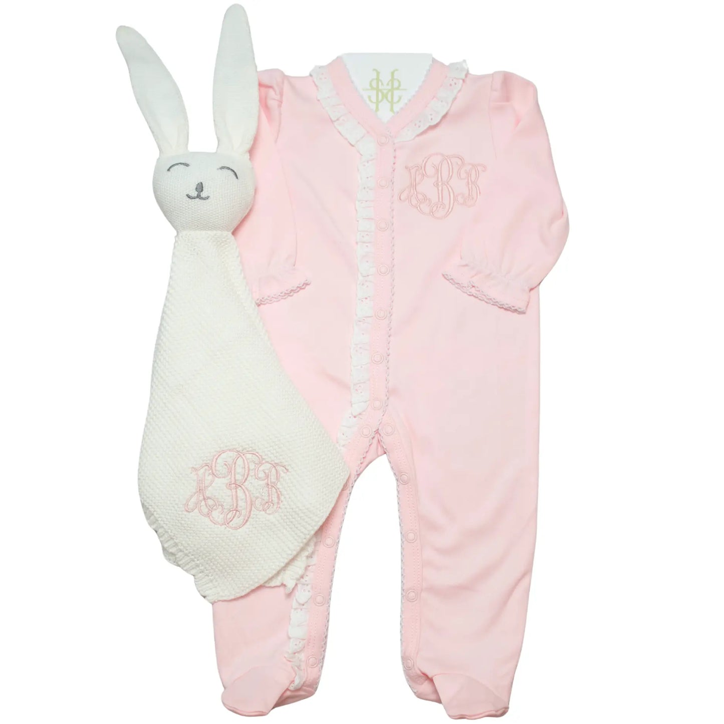 Personalized bunny lovey and lace trim footie bundle with custom embroidery for a newborn outfit or baby
