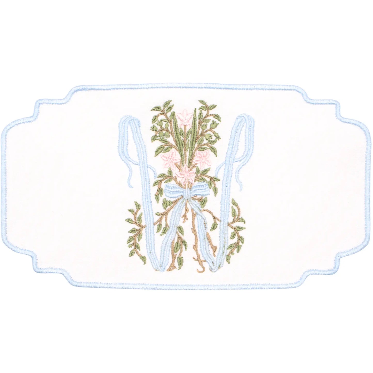 Custom madeleine bouquet wrap with embroidered monogram and wedding date for a bridal bouquet