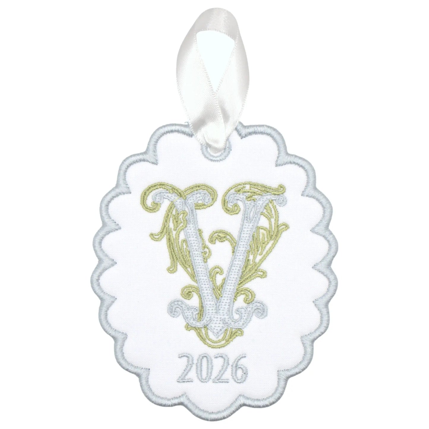 Personalized vine initial ornament with embroidered motif, custom name or monogram, and year