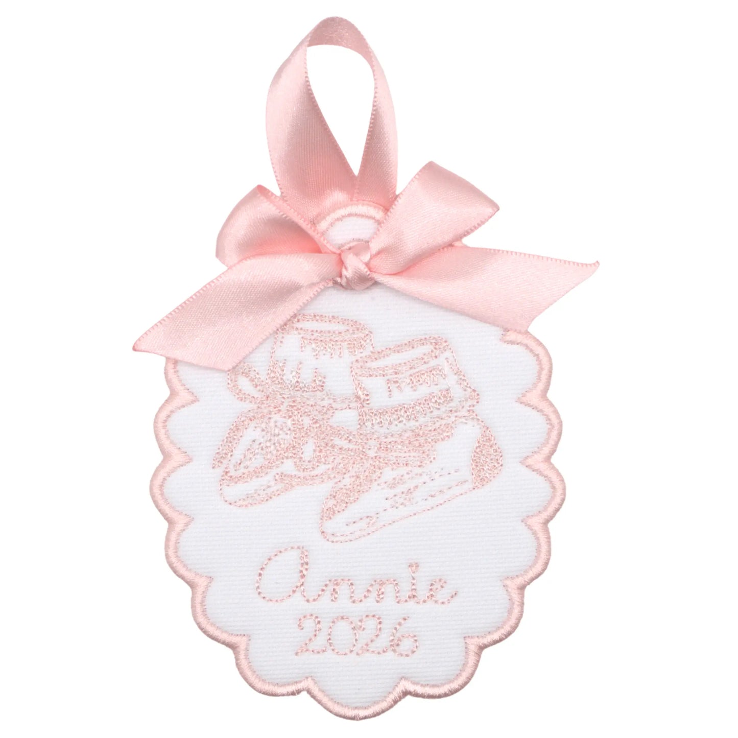 Personalized baby booties ornament with embroidered motif, custom name or monogram, and year