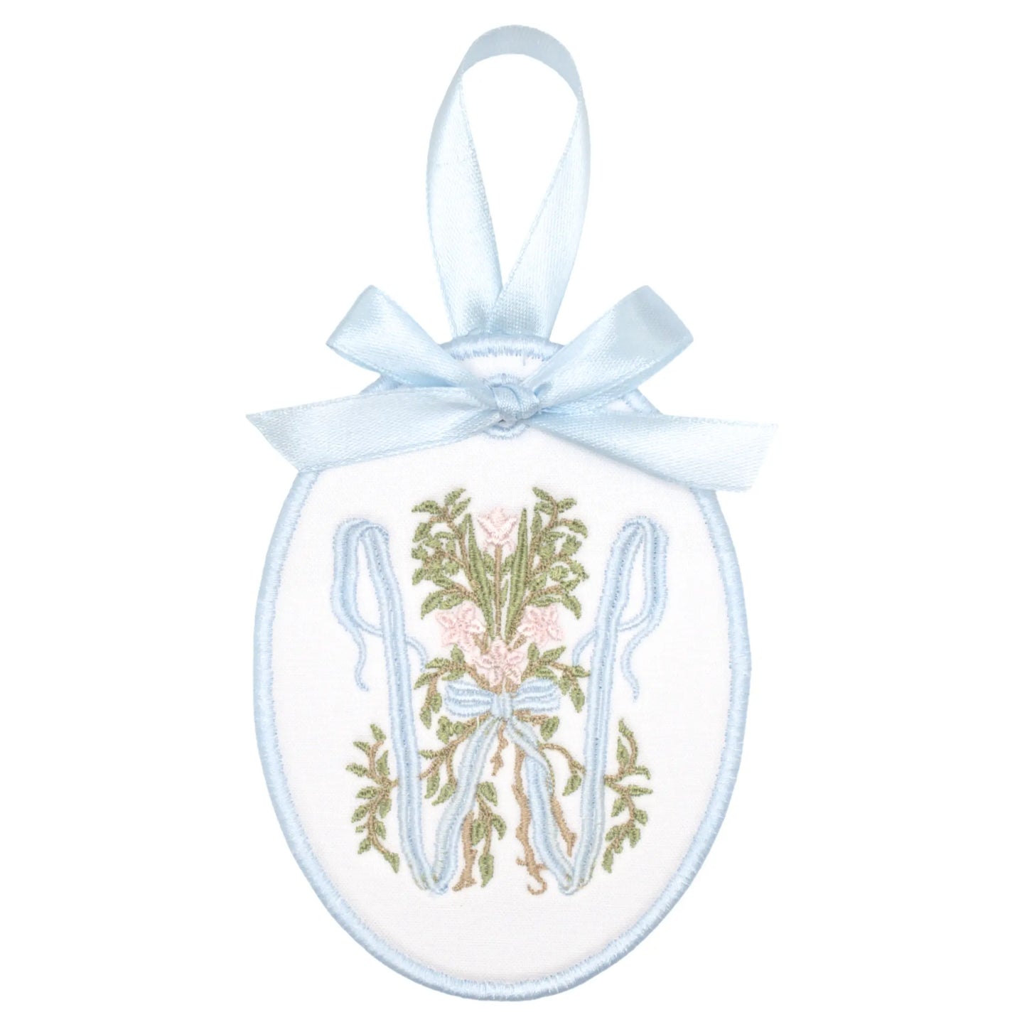 Personalized floral ribbon initial ornament with embroidered motif, custom name or monogram, and year