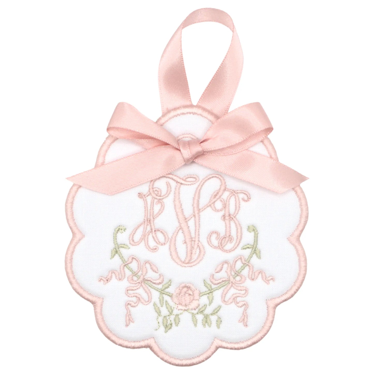 Personalized louisa heirloom ornament with embroidered motif, custom name or monogram, and year