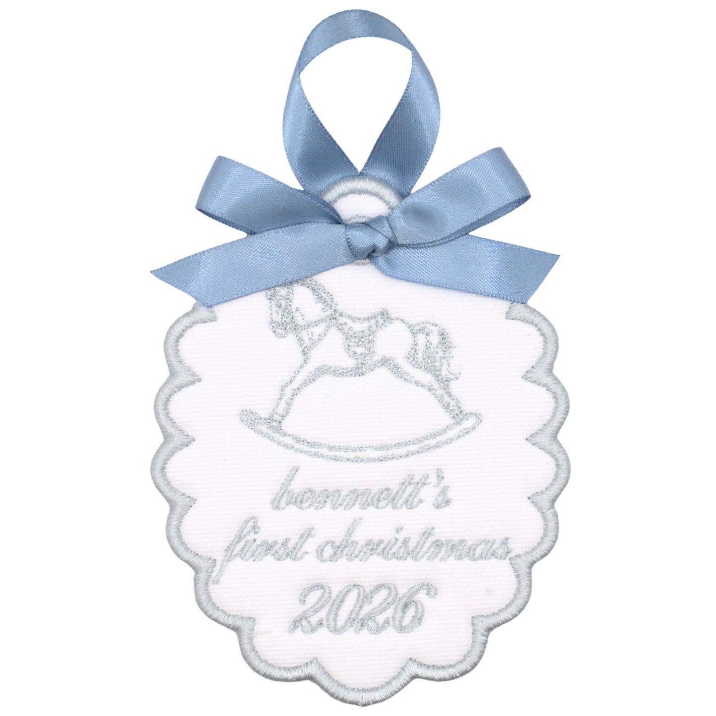 Personalized rocking horse ornament with embroidered motif, custom name or monogram, and year