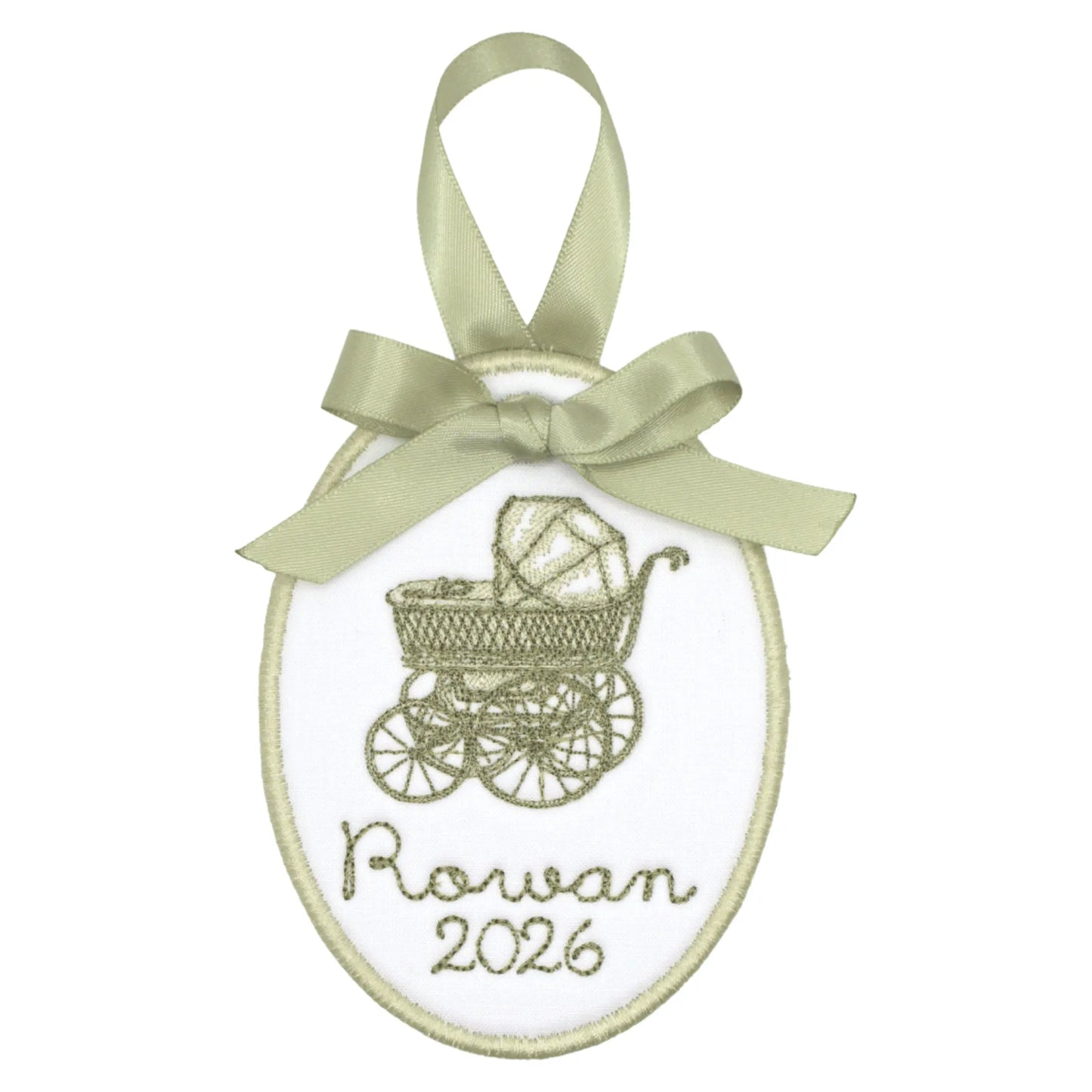 Personalized baby carriage ornament with embroidered motif, custom name or monogram, and year
