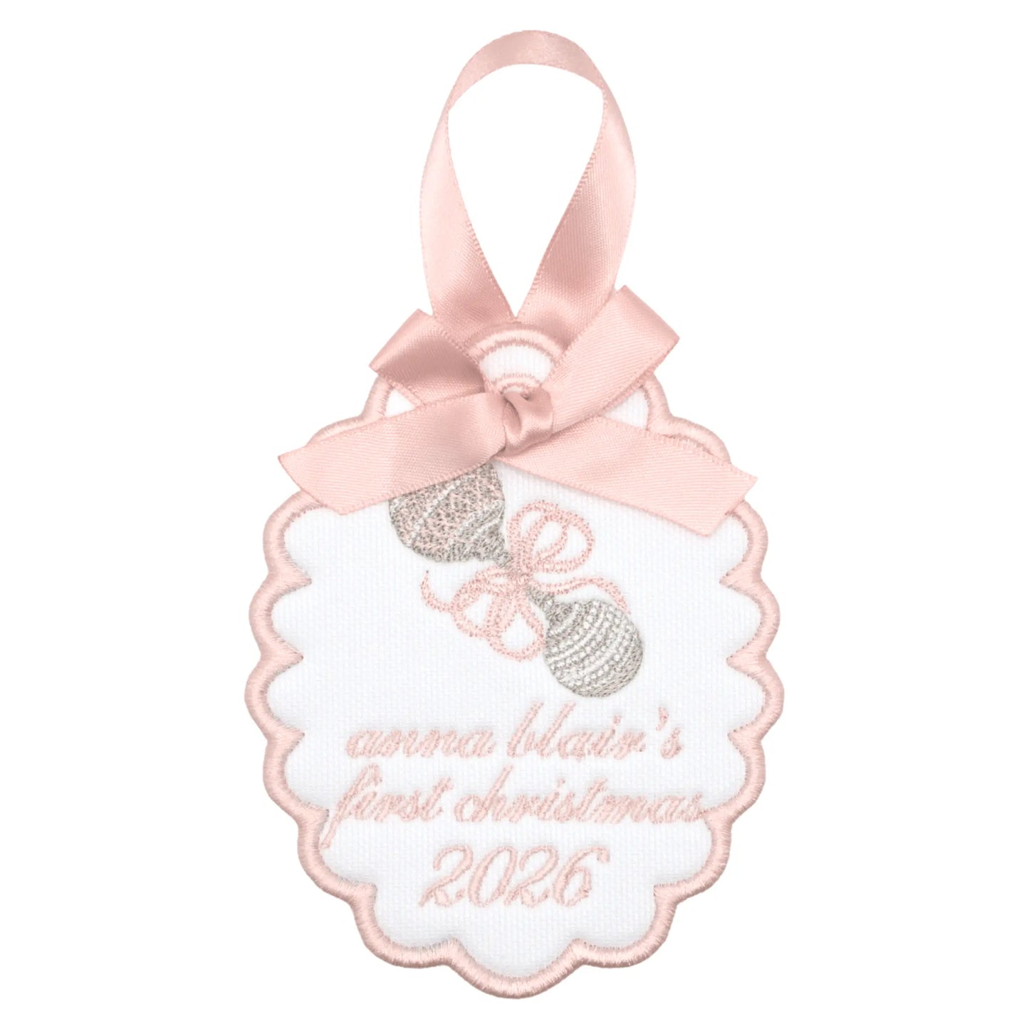Personalized baby rattle ornament with embroidered motif, custom name or monogram, and year