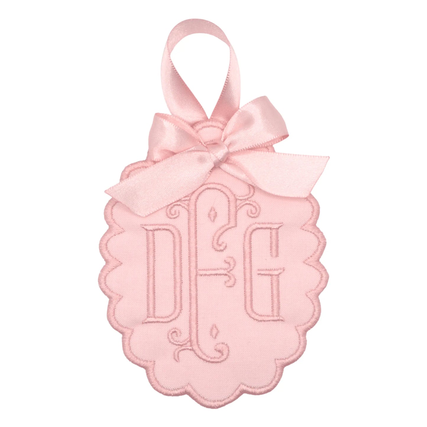 Personalized caroline monogram ornament with embroidered motif, custom name or monogram, and year