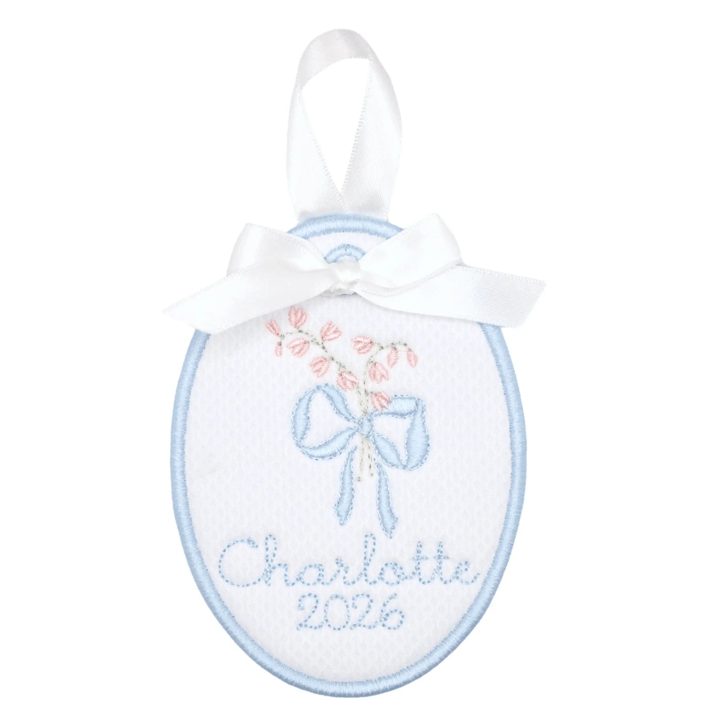 Personalized blossom bow ornament with embroidered motif, custom name or monogram, and year