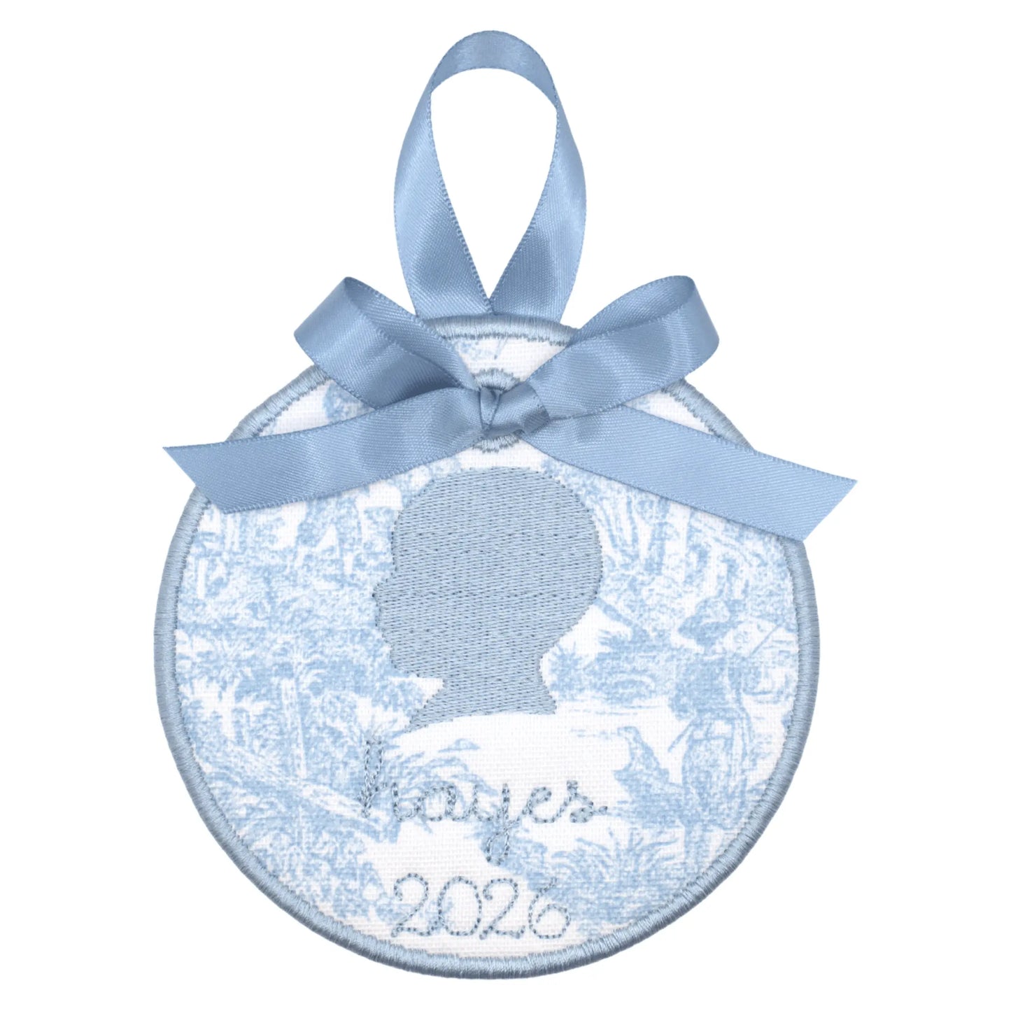 Personalized heirloom toile silhouette ornament with embroidered motif, custom name or monogram, and year