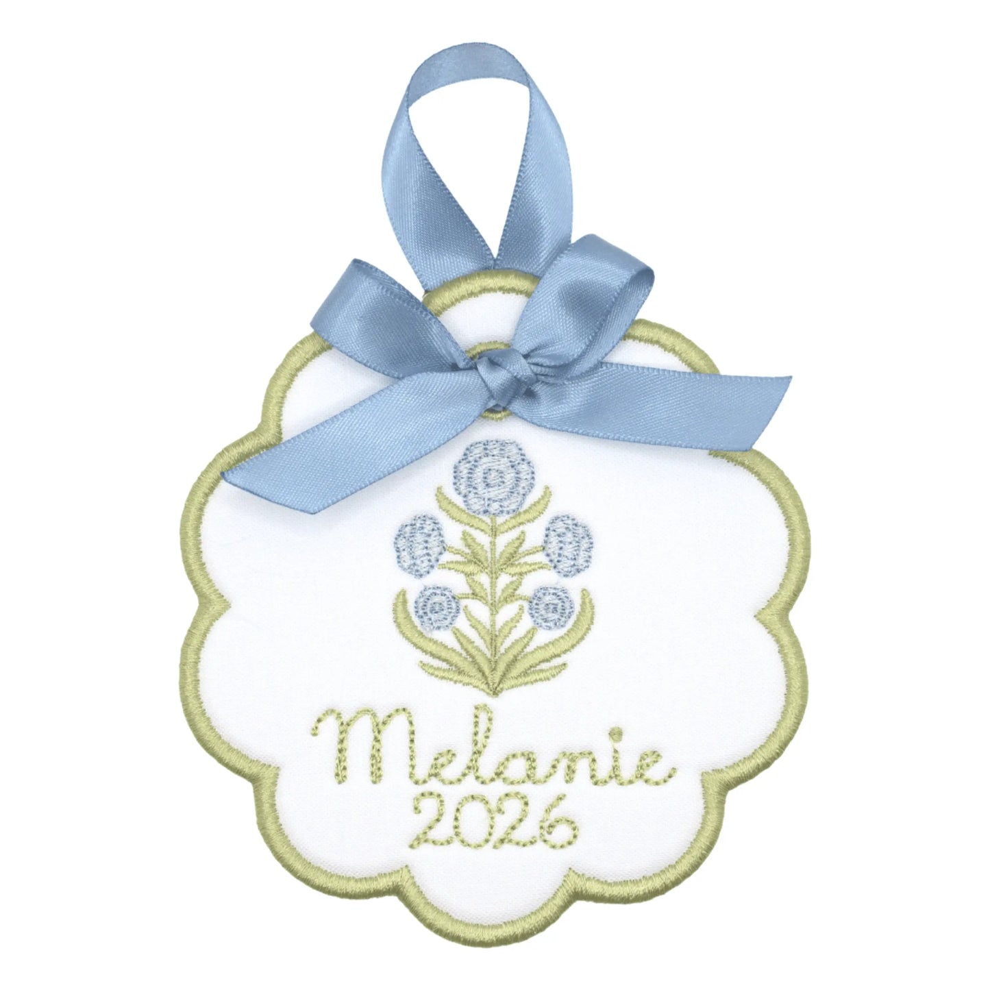 Personalized block floral ornament with embroidered motif, custom name or monogram, and year