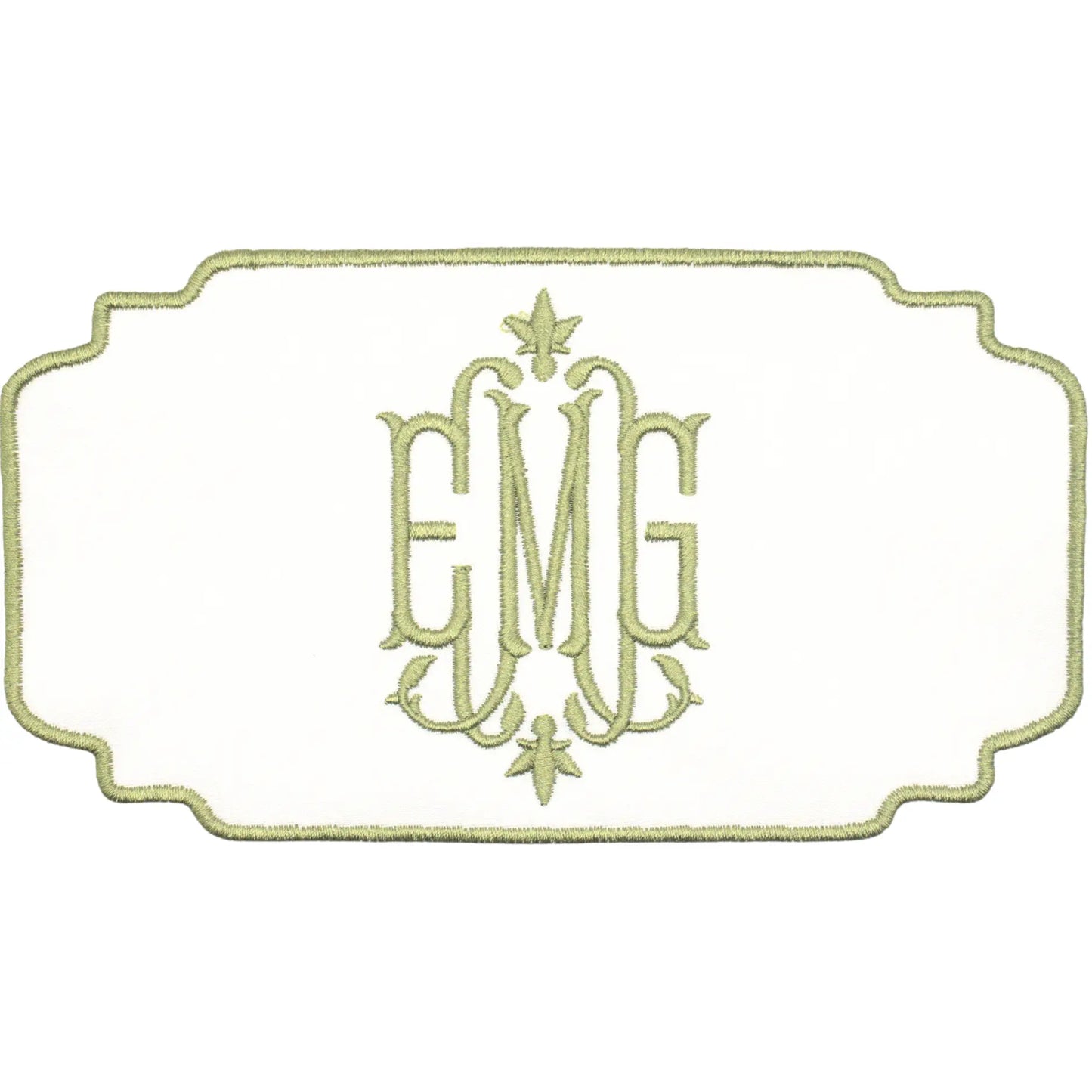 Custom laurel bouquet wrap with embroidered monogram and wedding date for a bridal bouquet