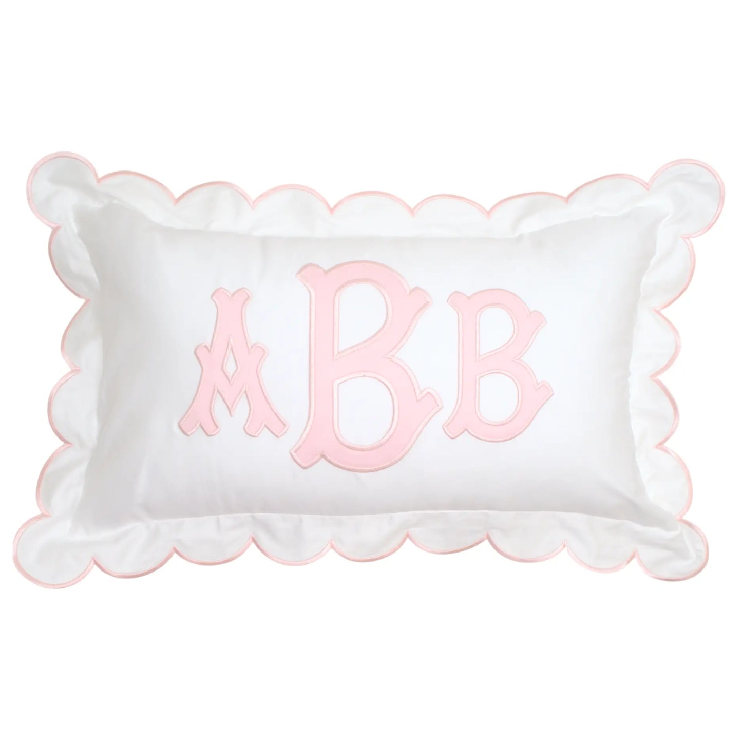 Personalized scalloped applique monogram pillow with appliqué monogram and decorative trim
