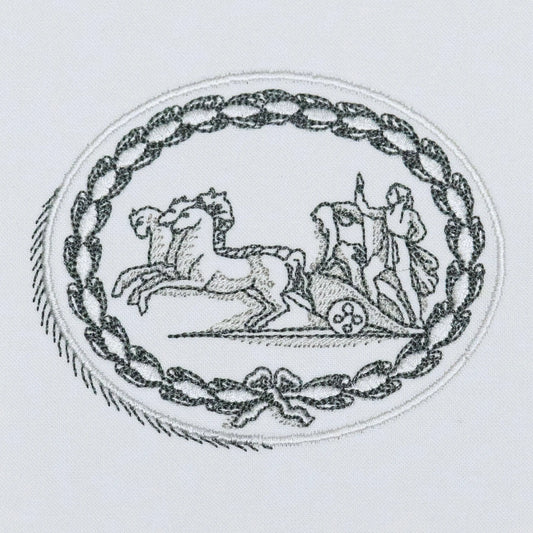 Embroidered Intaglio Study with embroidered artwork for a nursery, bedroom, shelf, or gallery wall; styled view