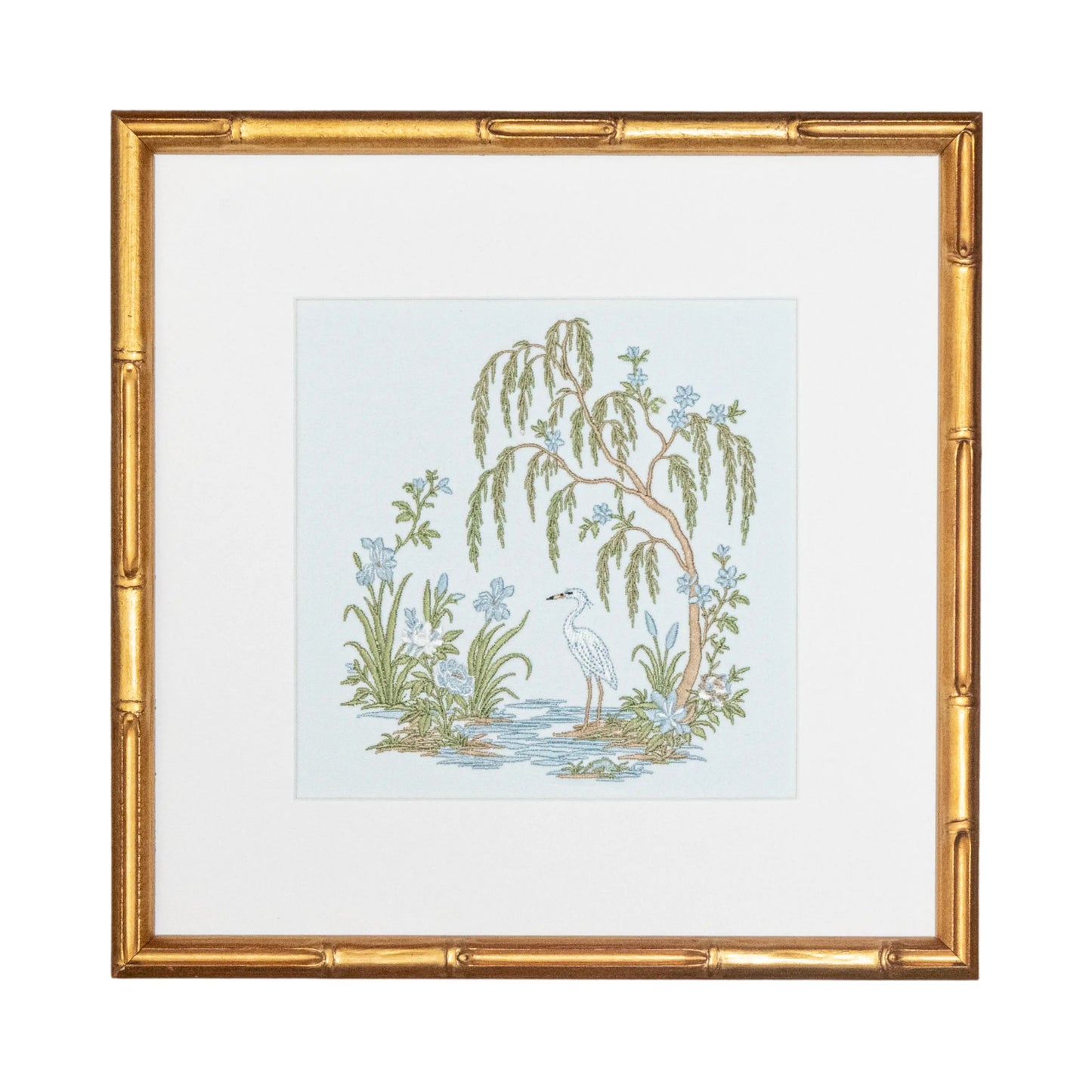 Blue Chinoiserie Garden Pair with embroidered artwork for a nursery, bedroom, shelf, or gallery wall; embroidery detail