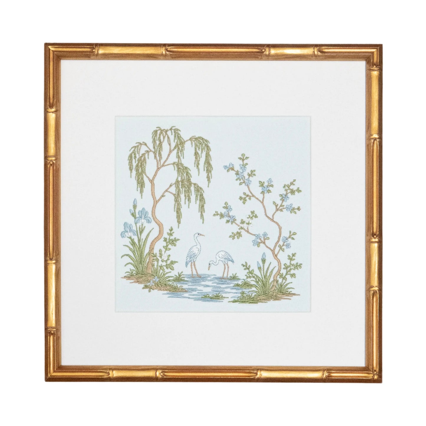 Blue Chinoiserie Garden Heron Study with embroidered artwork for a nursery, bedroom, shelf, or gallery
