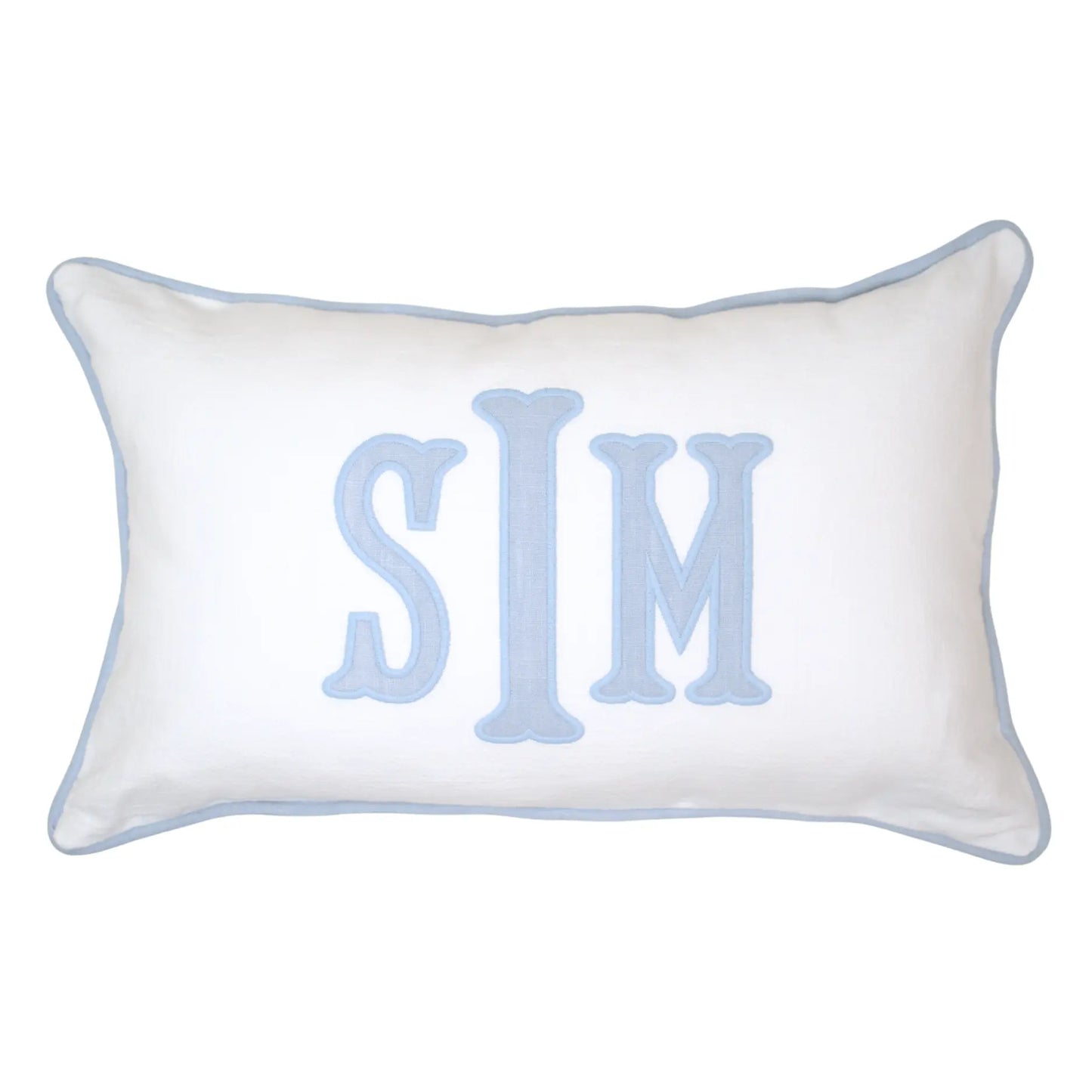 Personalized applique piped edge pillow with appliqué monogram and decorative trim