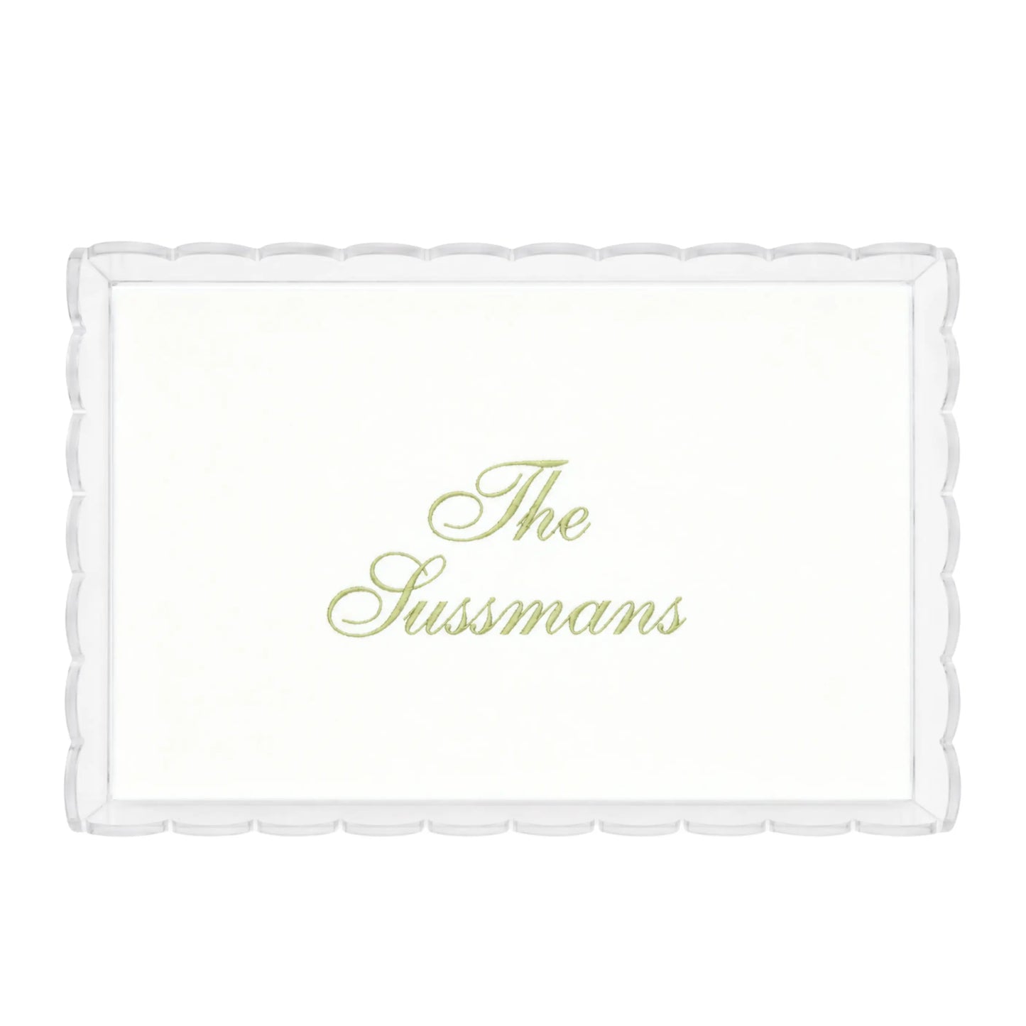 Decorative script name acrylic tray with embroidered design for a dresser, vanity, table, or nursery