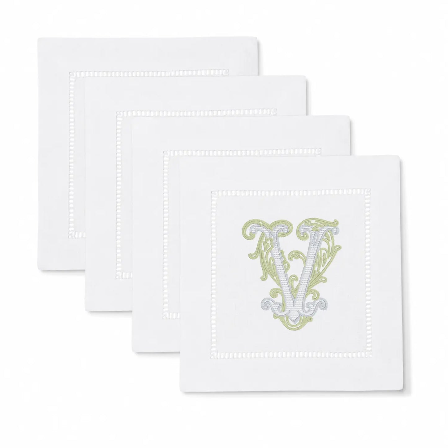Set of vine monogram cocktail napkins with personalized embroidery for entertaining