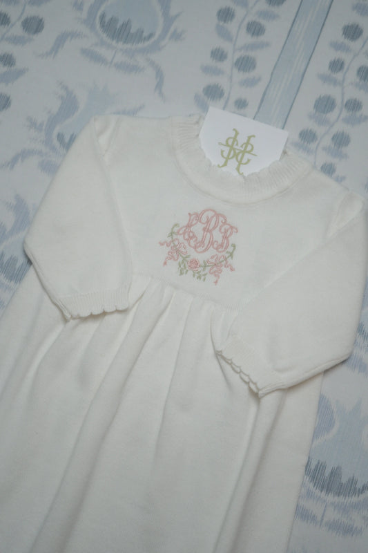 Personalized heirloom scalloped knit gown bundle with custom embroidery for a newborn outfit or baby gift; styled view