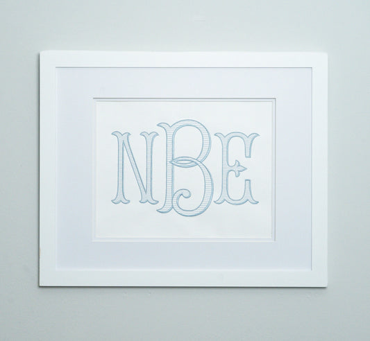Heirloom Monogram Embroidered Art with embroidered artwork for a nursery, bedroom, shelf, or gallery wall; styled view
