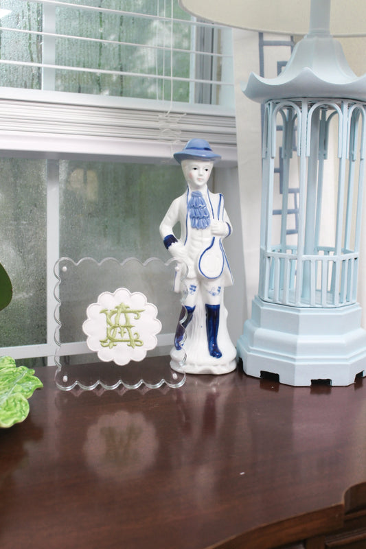 Custom Wedding Monogram Acrylic Frame with embroidered artwork for a nursery, bedroom, shelf, or gallery; styled view