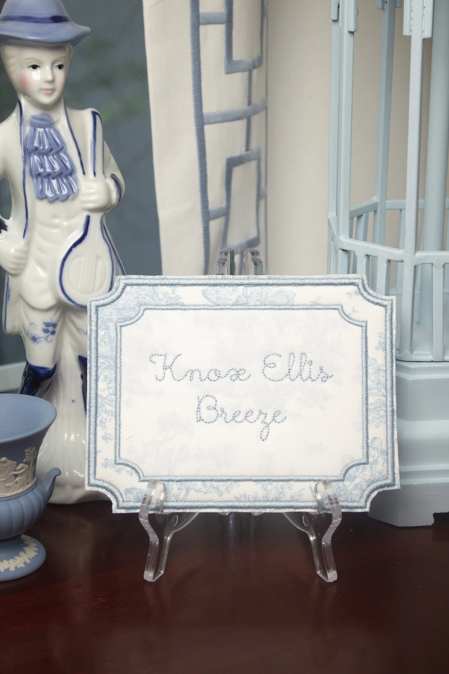 Personalized toile bassinet name display plaque with embroidery for hospital photos and nursery display; alternate view