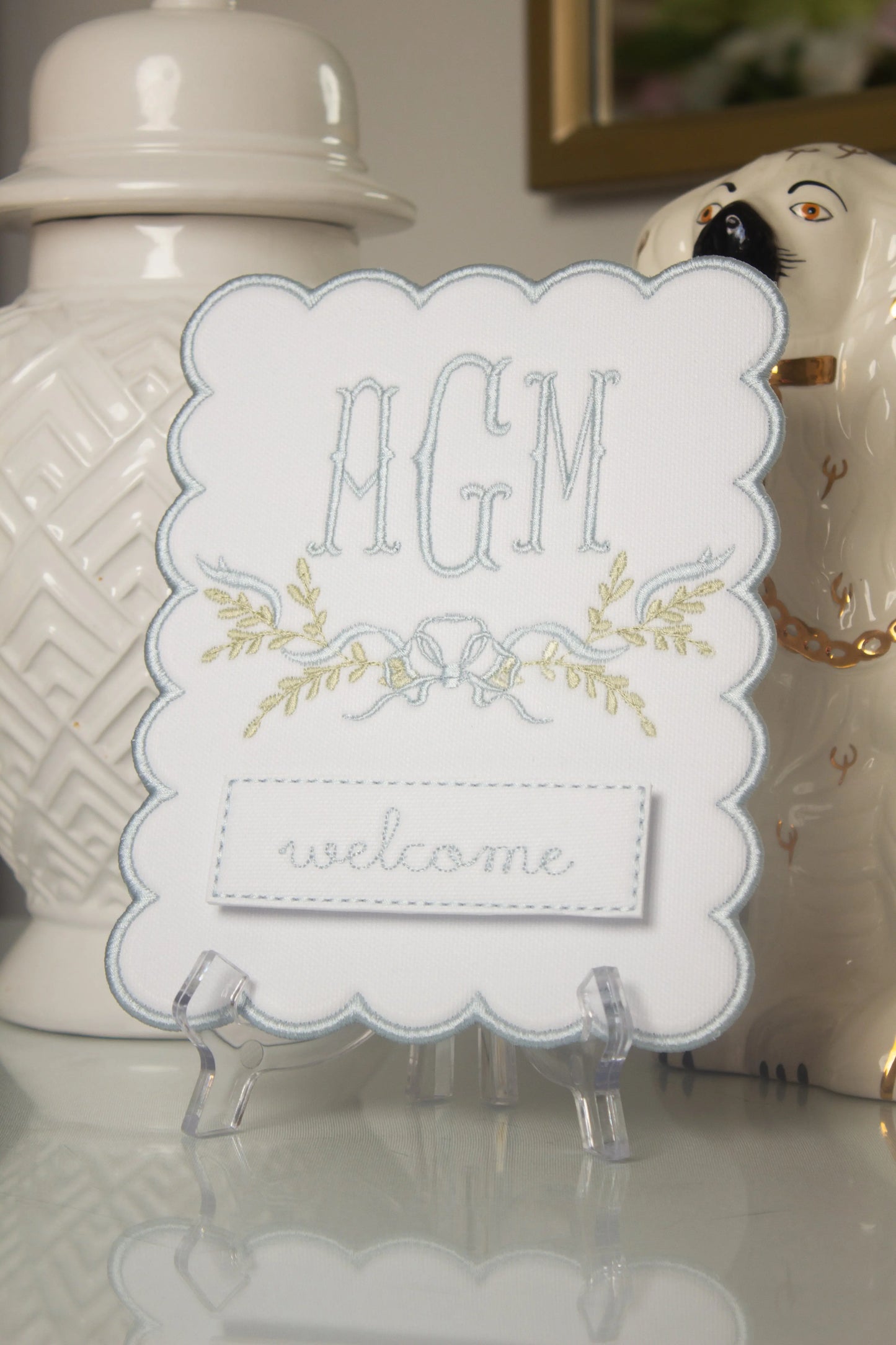 Personalized bennett monthly milestone plaque with embroidered monogram for baby milestone photos; detail view 4