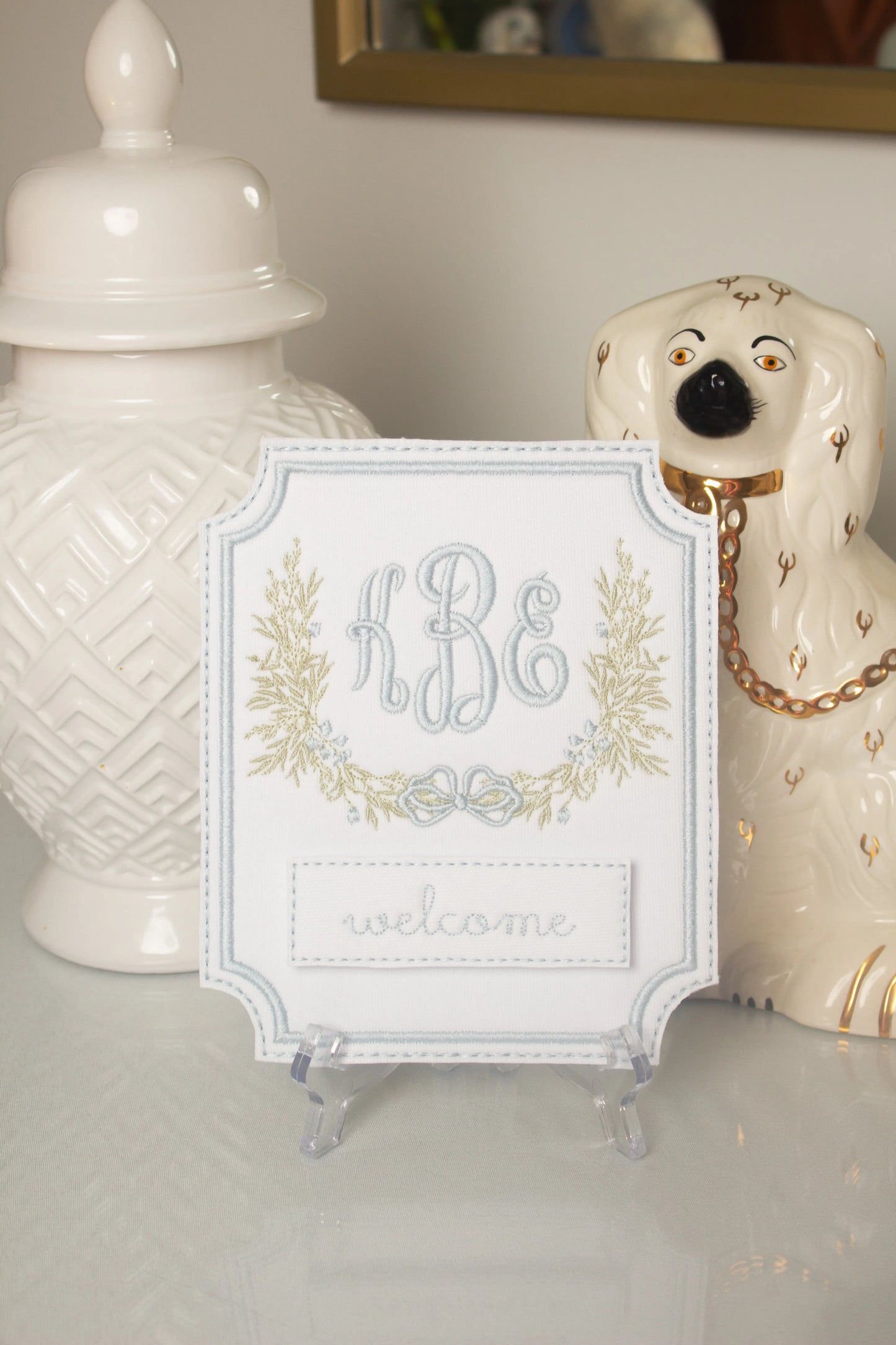 Personalized windsor monthly milestone plaque with embroidered monogram for baby milestone photos; alternate view