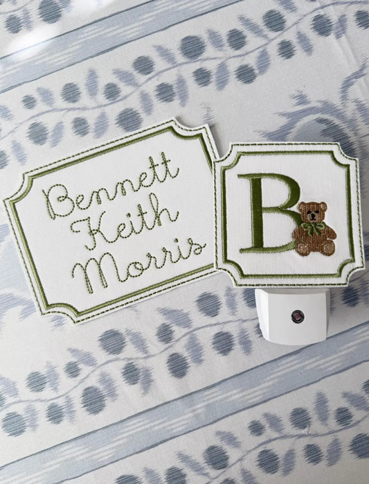 Personalized custom name plaque with embroidery for hospital photos and nursery display; styled view