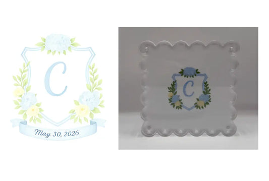 Custom Wedding Crest Acrylic Frame with embroidered artwork for a nursery, bedroom, shelf, or gallery; styled view
