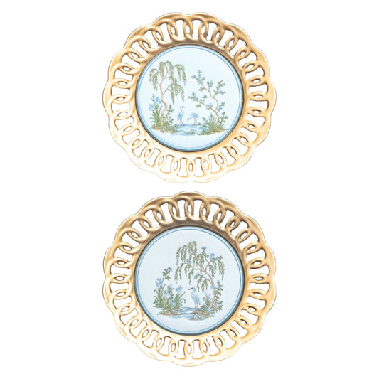 Blue chinoiserie garden plated medallion set with embroidered heron scenes for a wall, shelf, or collected display