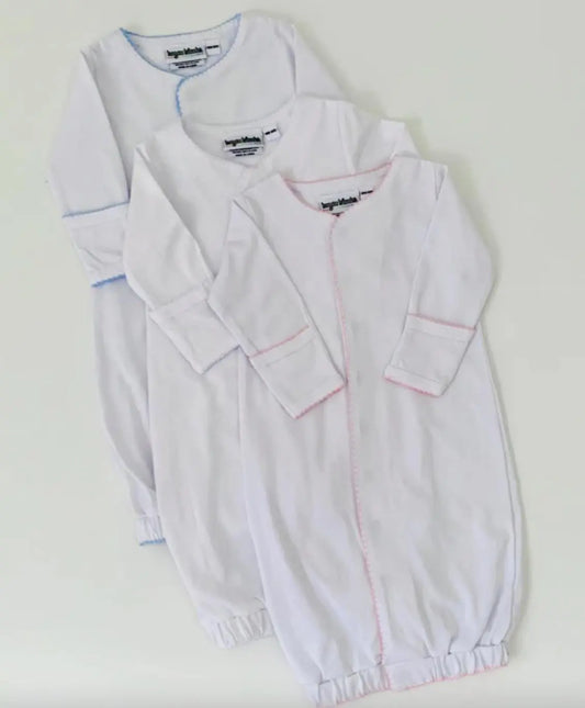 Personalized layette picot trim gown with custom embroidery for a newborn outfit or baby gift; styled view