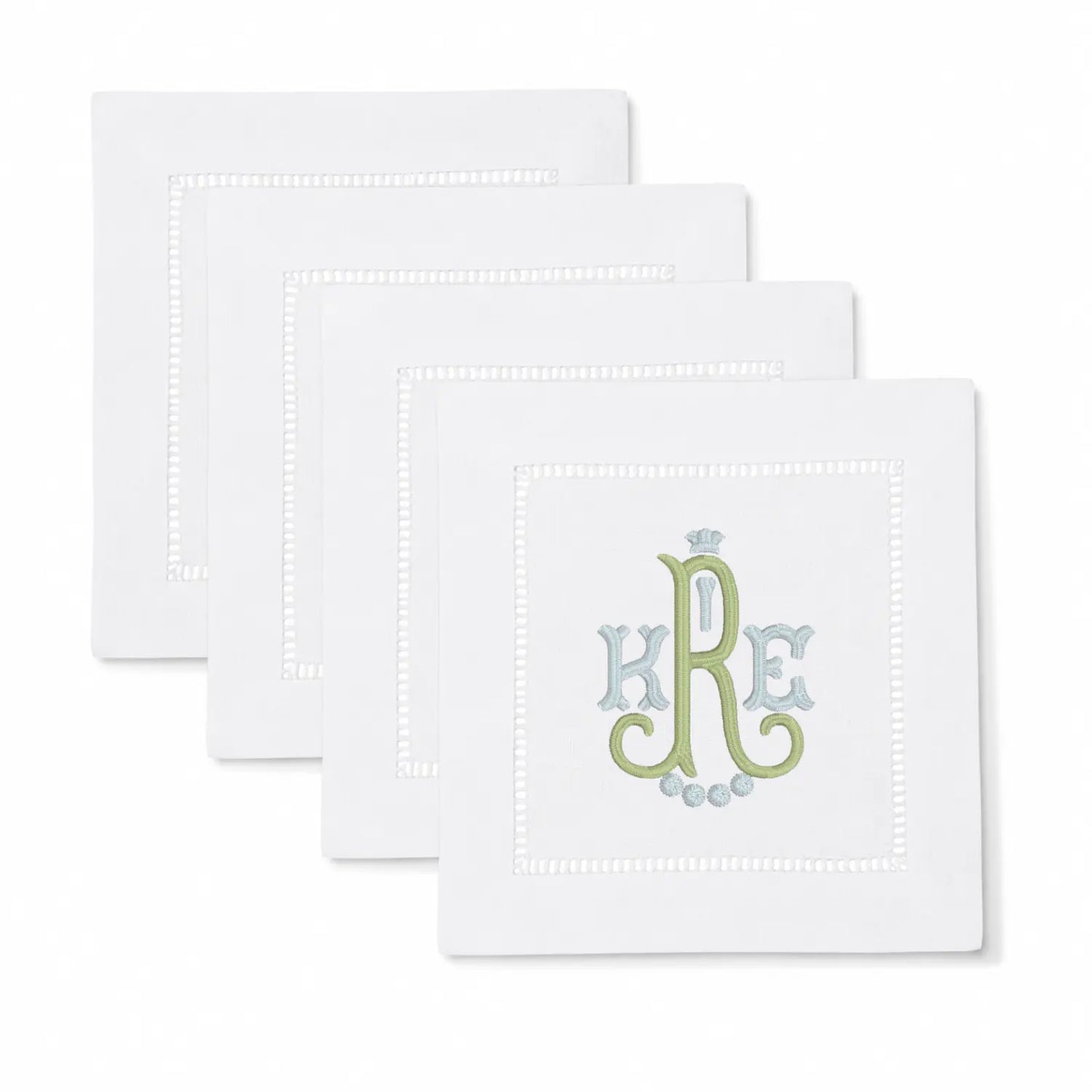 Set of crown monogram cocktail napkins with personalized embroidery for entertaining