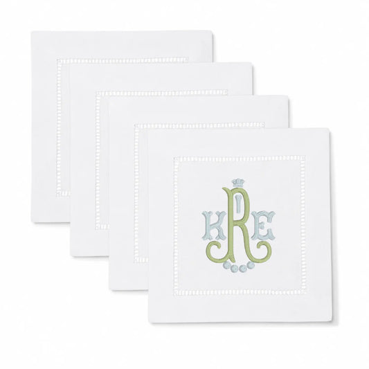 Set of crown monogram cocktail napkins with personalized embroidery for entertaining