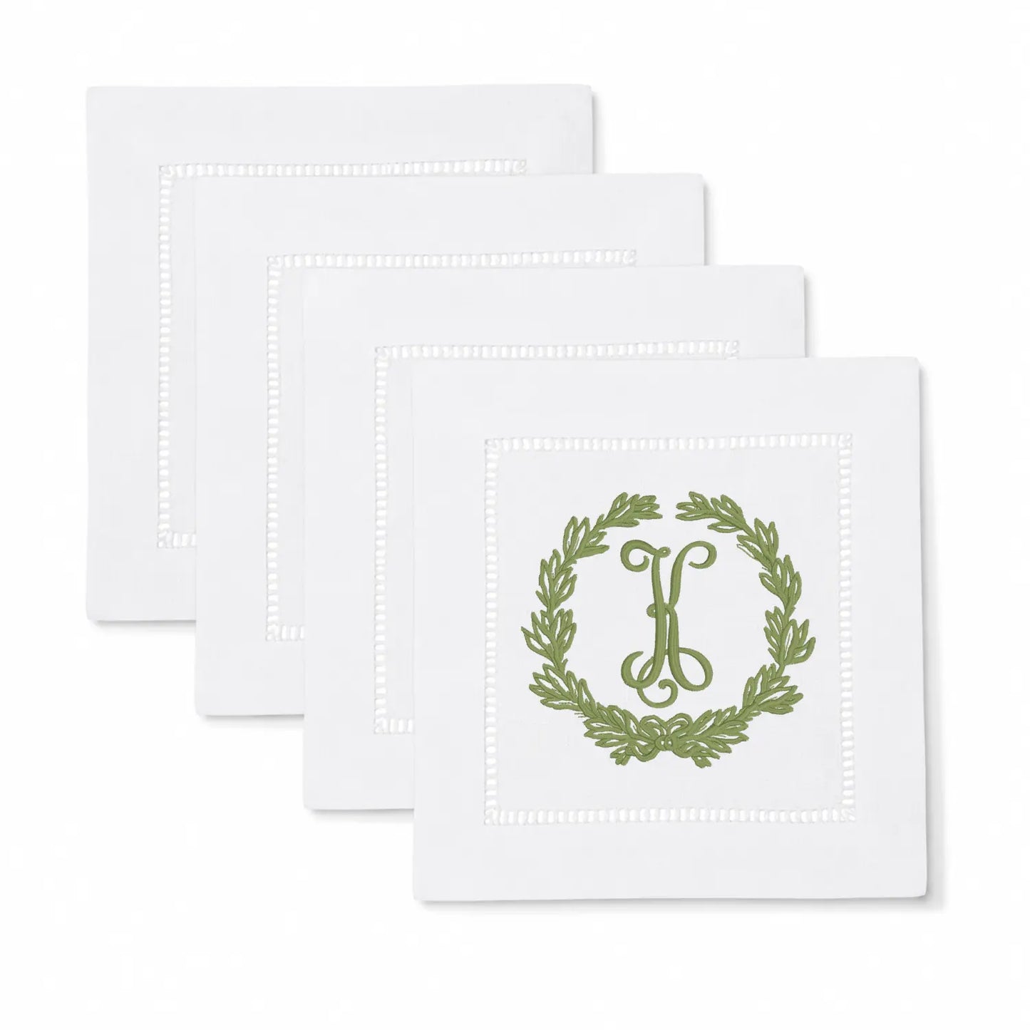 Set of laurel monogram cocktail napkins with personalized embroidery for entertaining