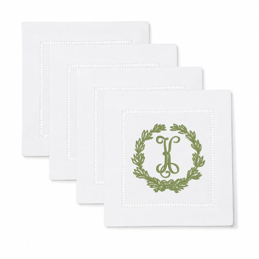 Set of laurel monogram cocktail napkins with personalized embroidery for entertaining