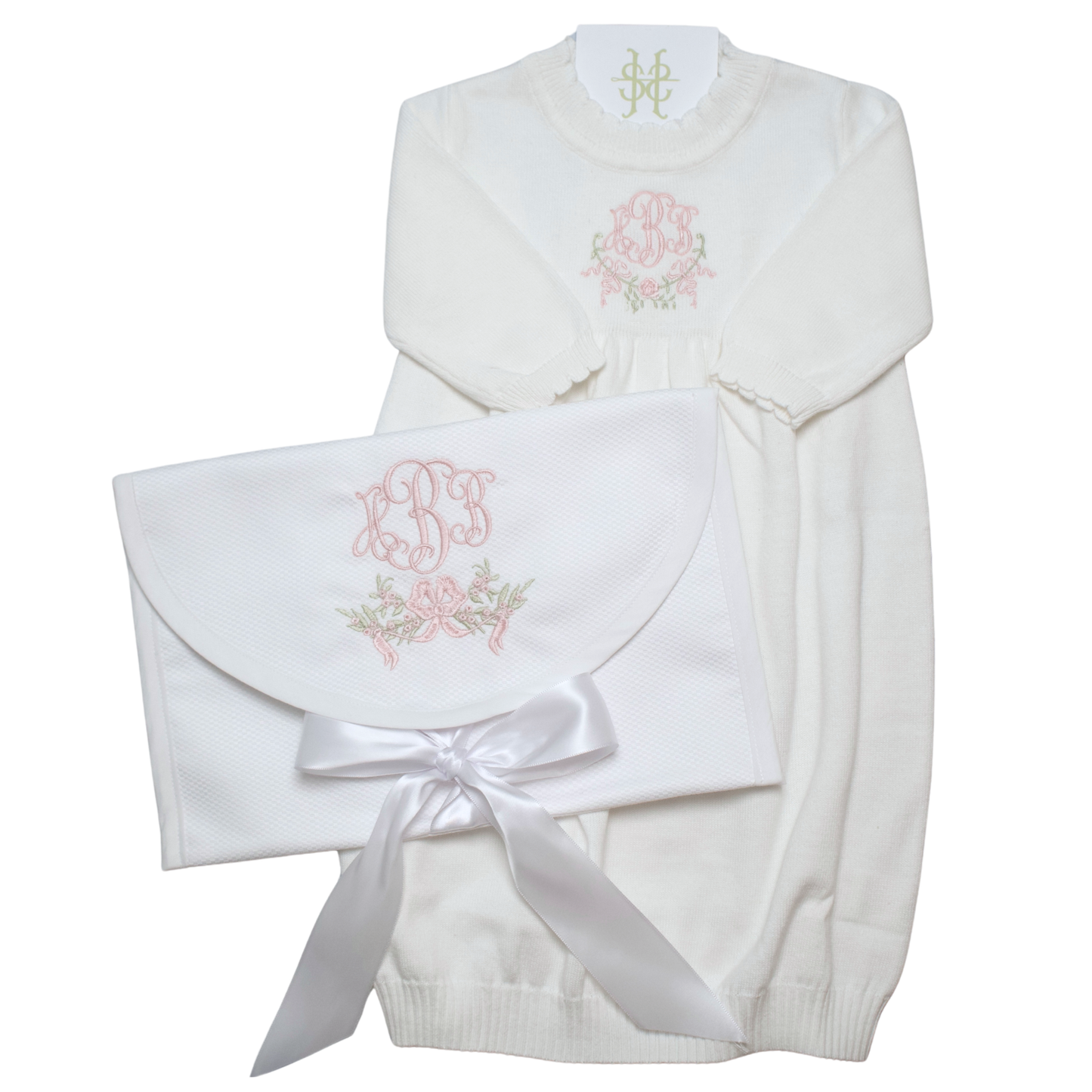SCALLOPED KNIT GOWN AND KEEPSAKE BAG BUNDLE