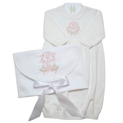 SCALLOPED KNIT GOWN AND KEEPSAKE BAG BUNDLE