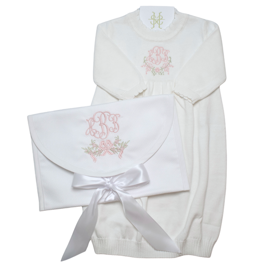 SCALLOPED KNIT GOWN AND KEEPSAKE BAG BUNDLE