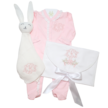 BUNNY LOVEY, KEEPSAKE BAG, AND LACE TRIM FOOTIE BUNDLE