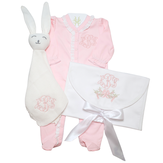 BUNNY LOVEY, KEEPSAKE BAG, AND LACE TRIM FOOTIE BUNDLE