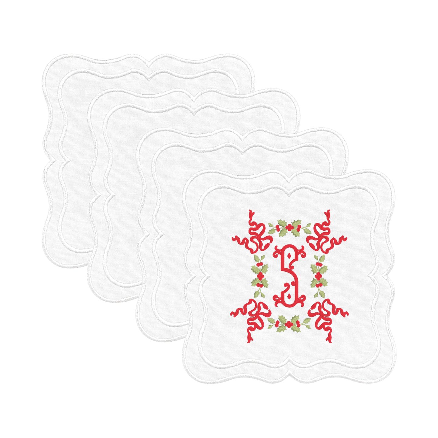 Christmas napkin with monogram, embroidered holly, and red ribbon
