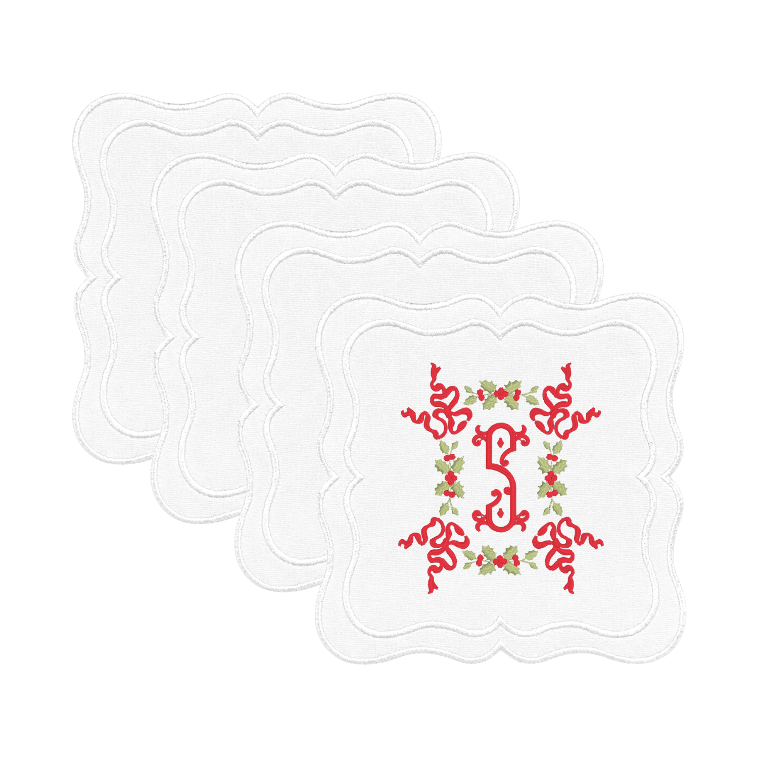 Christmas napkin with monogram, embroidered holly, and red ribbon