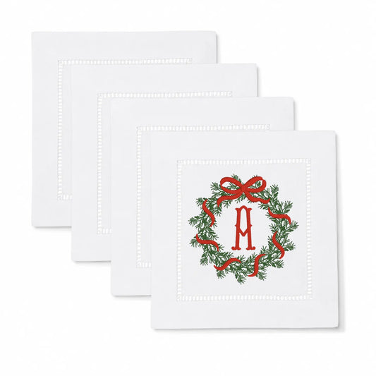 Set of wreath monogram cocktail napkins with personalized embroidery for entertaining