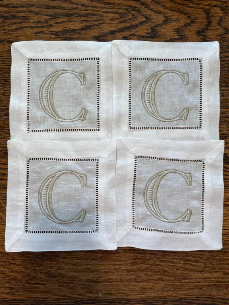 Set of 4 Monogrammed Linen Cocktail Napkins