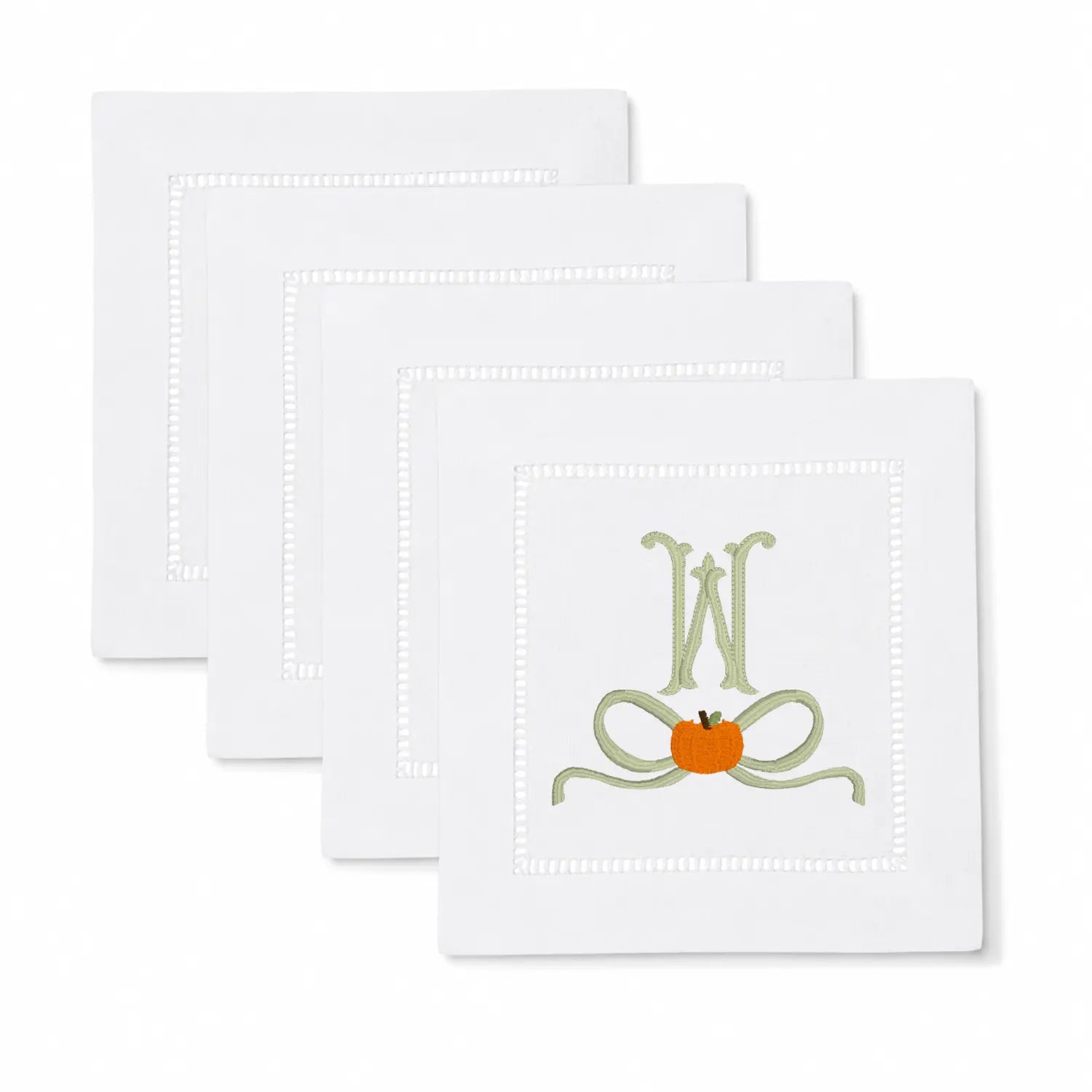 Set of pumpkin bow monogram cocktail napkins with personalized embroidery for entertaining