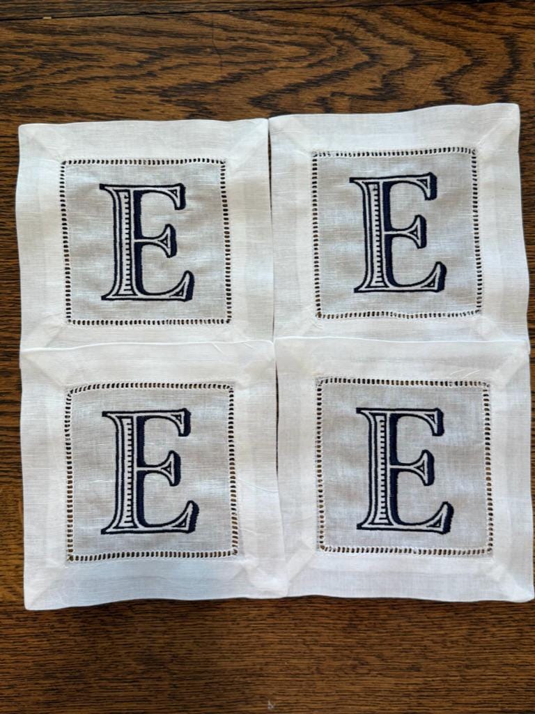 Set of 4 Monogrammed Linen Cocktail Napkins