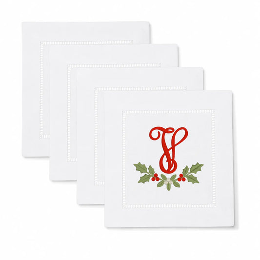 Set of holly monogram cocktail napkins with personalized embroidery for entertaining